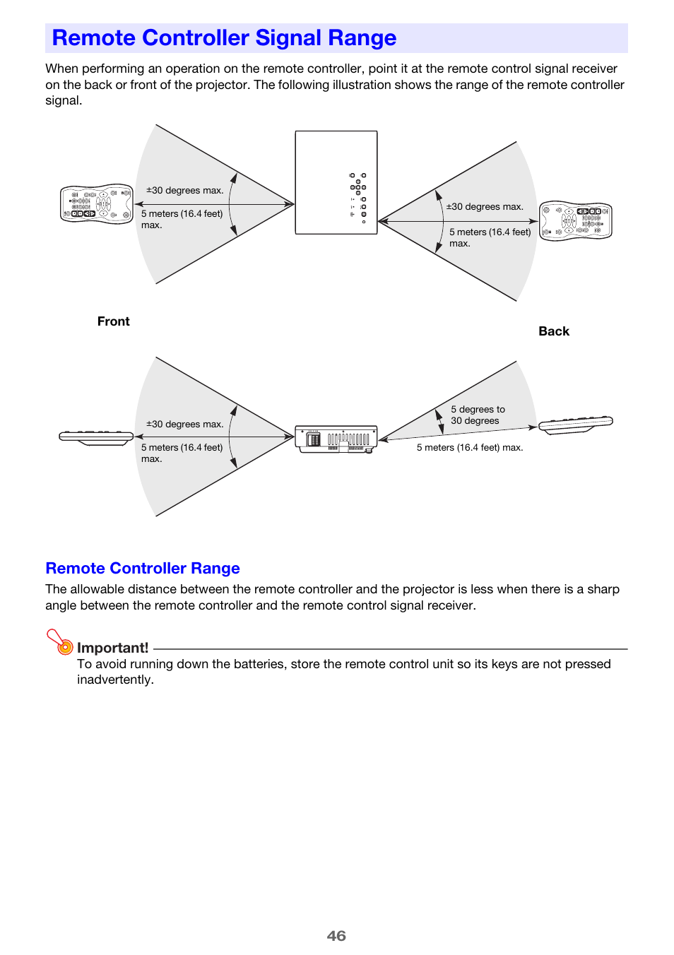 Remote controller signal range, Remote controller range | Casio XJ-M250 User Manual | Page 46 / 61