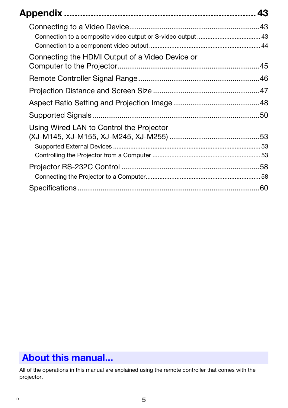 About this manual, Appendix | Casio XJ-M250 User Manual | Page 5 / 61
