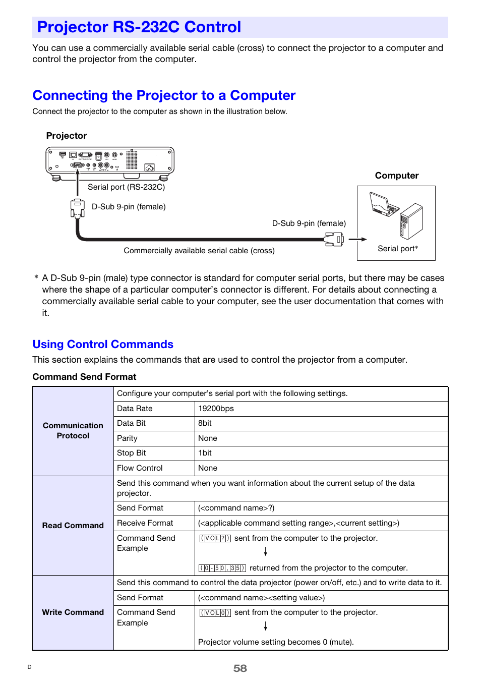 Projector rs-232c control, Connecting the projector to a computer, Using control commands | Casio XJ-M250 User Manual | Page 58 / 61