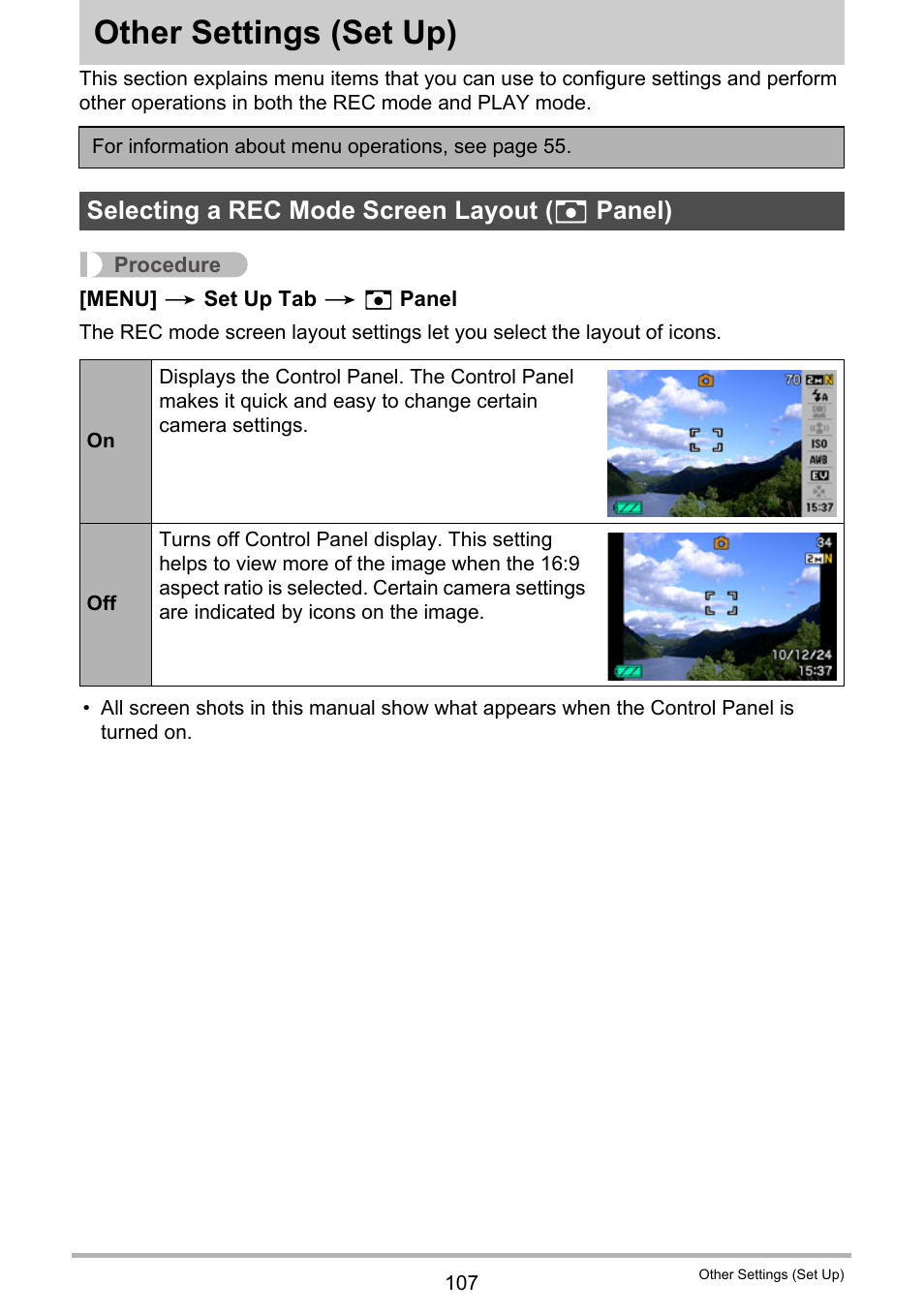 Other settings (set up), Selecting a rec mode screen layout (_ panel), Other settings | Set up) 107, Selecting a rec mode screen layout ( r panel) | Casio EXILIM EX-Z1 User Manual | Page 107 / 148