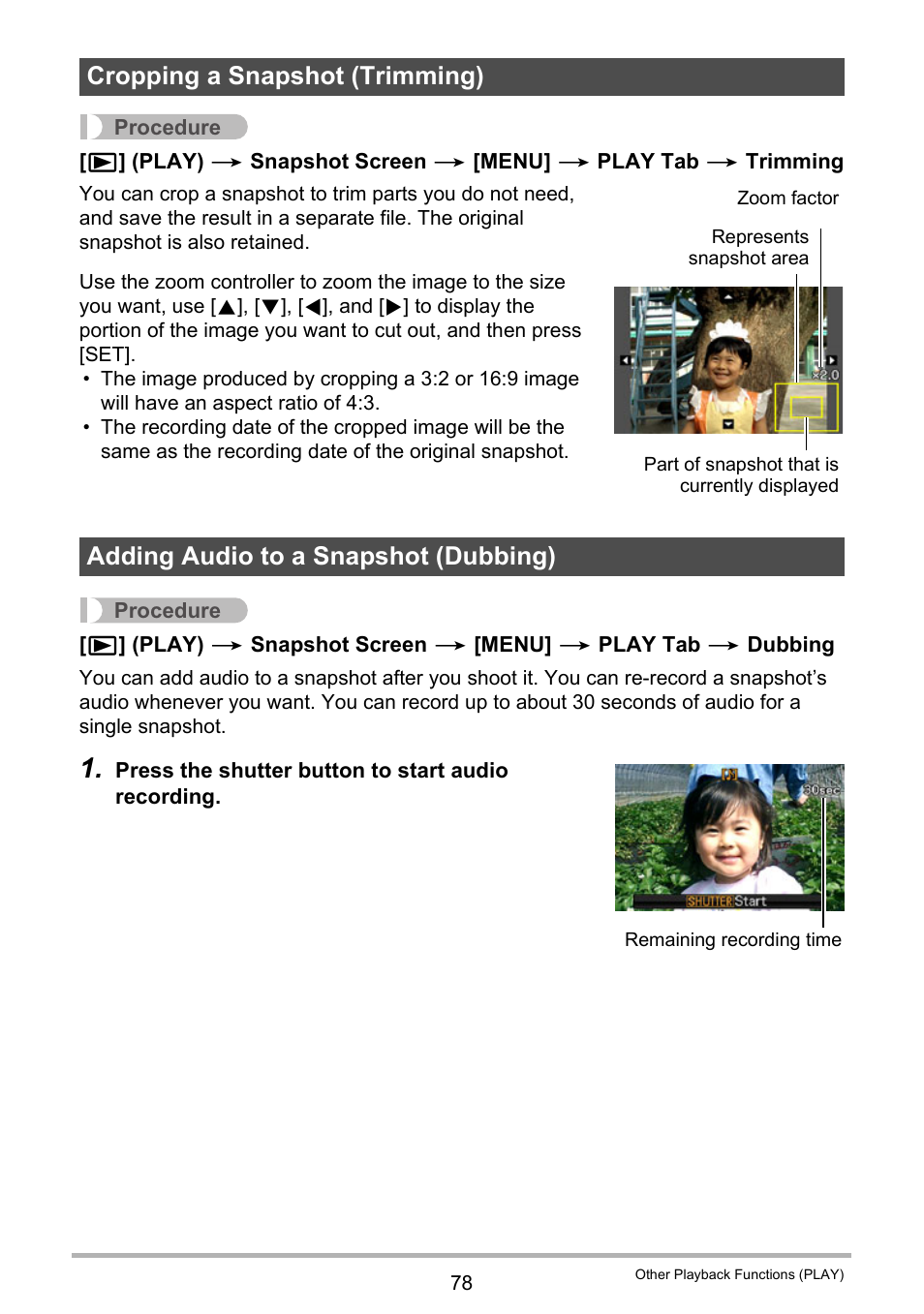 Cropping a snapshot (trimming), Adding audio to a snapshot (dubbing) | Casio EXILIM EX-Z1 User Manual | Page 78 / 148