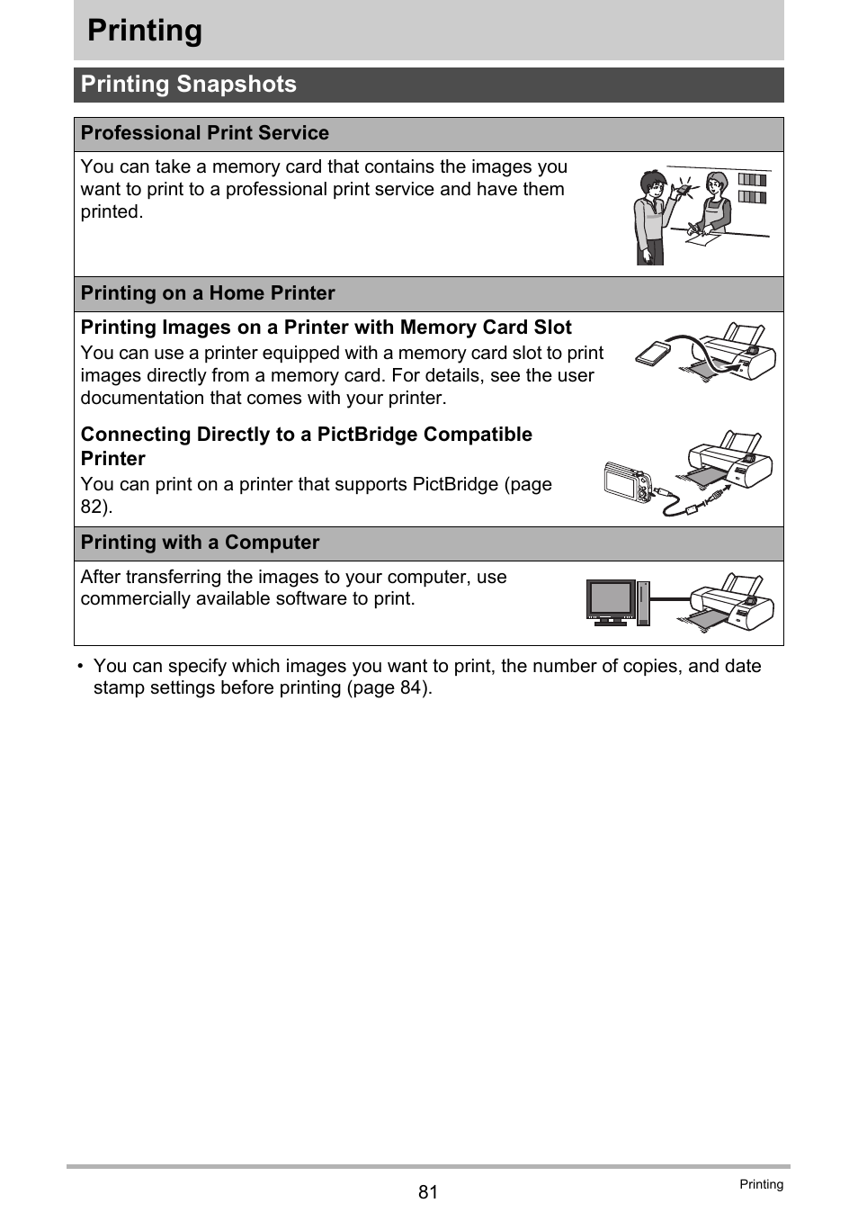 Printing, Printing snapshots | Casio EXILIM EX-Z1 User Manual | Page 81 / 148