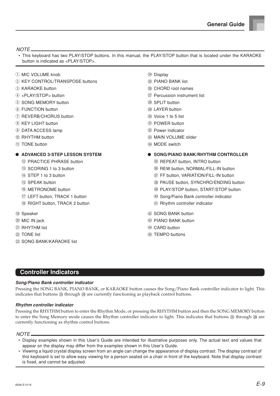 Controller indicators, E-9 general guide | Casio LK93TV User Manual | Page 11 / 79