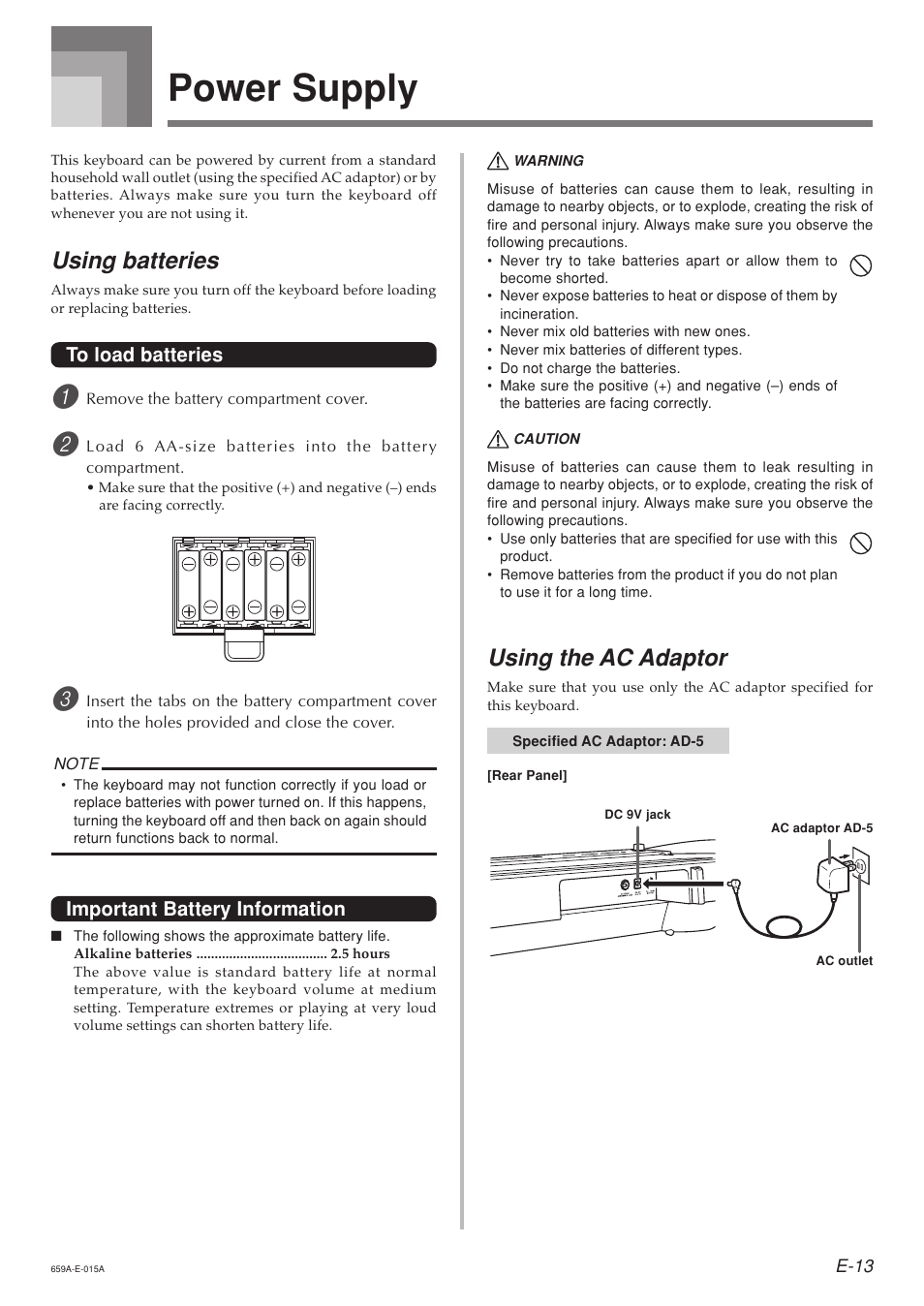 Power supply, Using the ac adaptor, Using batteries | Important battery information | Casio LK93TV User Manual | Page 15 / 79