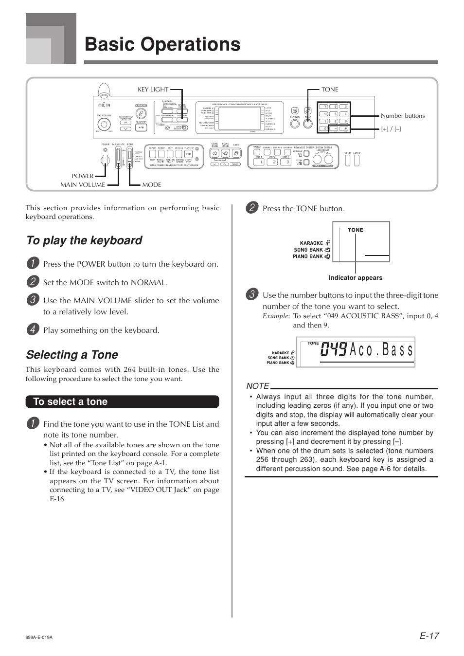 Basic operations, A c o . b s a s, Selecting a tone | Casio LK93TV User Manual | Page 19 / 79