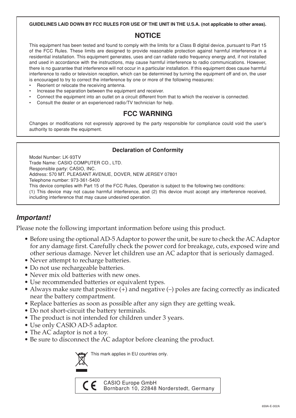 Notice, Fcc warning, Important | Casio LK93TV User Manual | Page 2 / 79