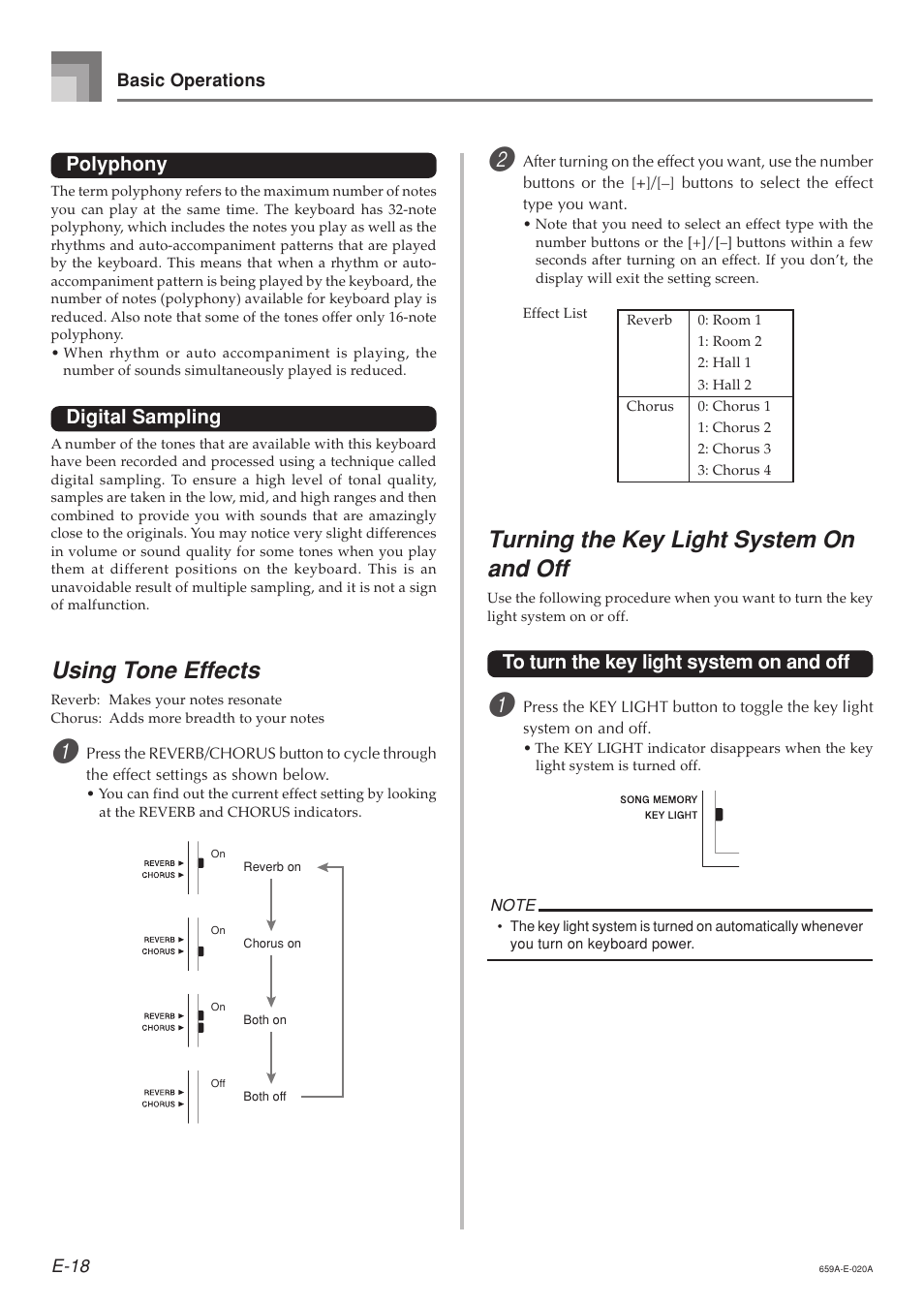 Using tone effects, Turning the key light system on and off, Polyphony | Digital sampling | Casio LK93TV User Manual | Page 20 / 79