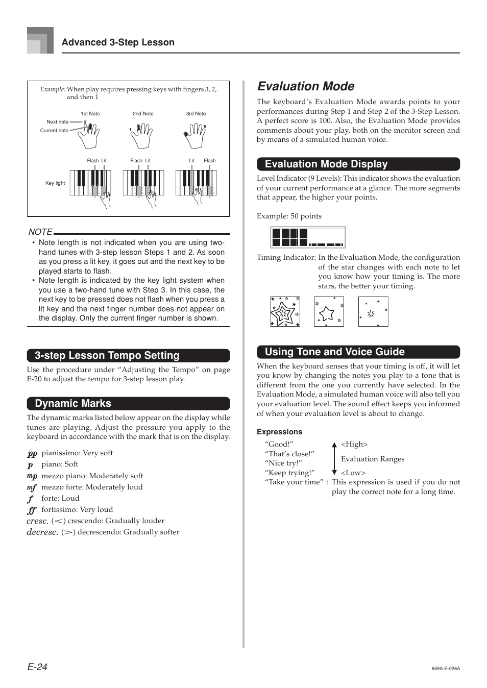 Evaluation mode, Step lesson tempo setting, Dynamic marks | Evaluation mode display, Using tone and voice guide, E-24 advanced 3-step lesson | Casio LK93TV User Manual | Page 26 / 79
