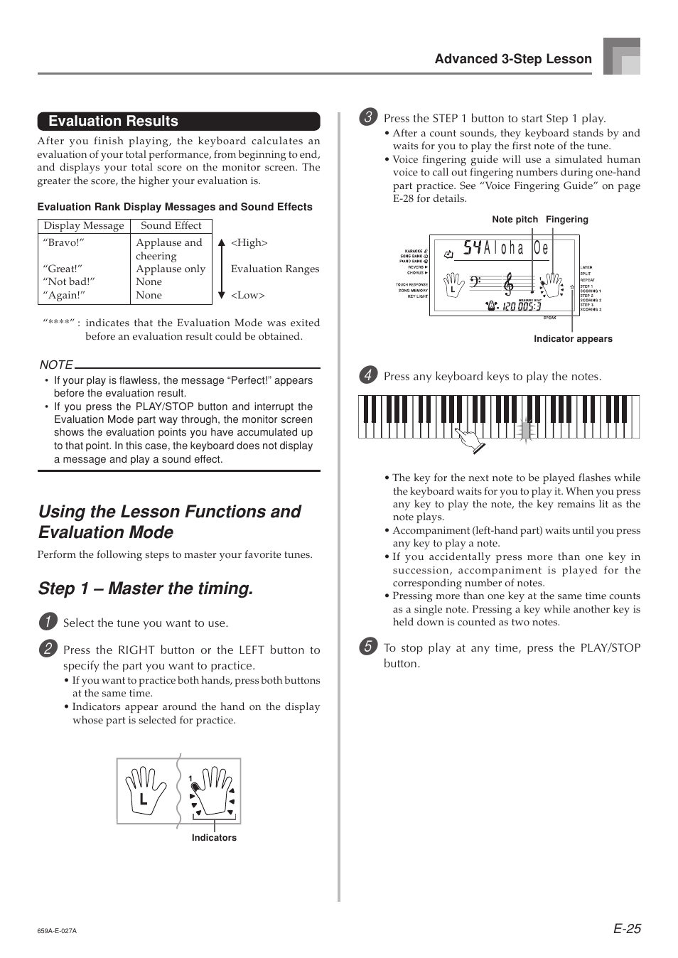 Using the lesson functions and evaluation mode, Step 1 – master the timing, Evaluation results | Casio LK93TV User Manual | Page 27 / 79