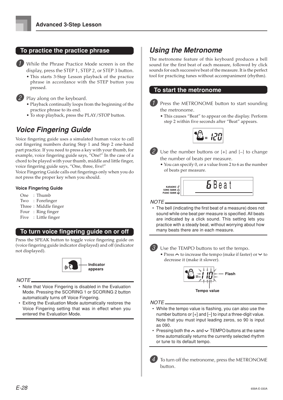 B e a t, Voice fingering guide, Using the metronome | Casio LK93TV User Manual | Page 30 / 79