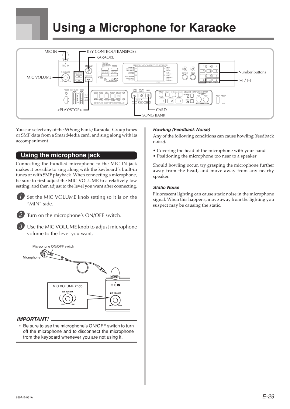 Using a microphone for karaoke, Using the microphone jack | Casio LK93TV User Manual | Page 31 / 79