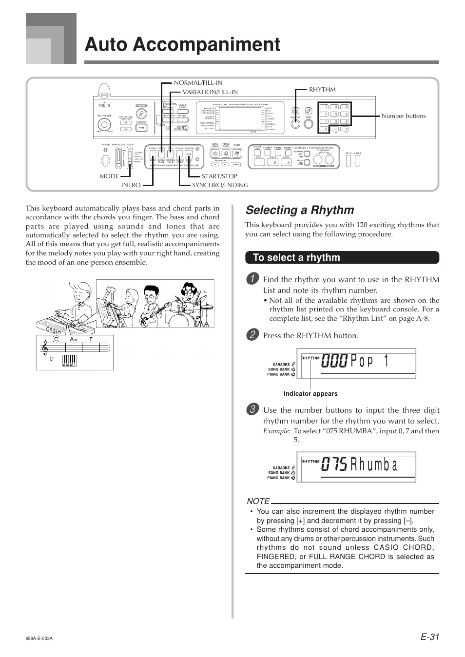 Auto accompaniment, R h u mb a, Selecting a rhythm | Casio LK93TV User Manual | Page 33 / 79