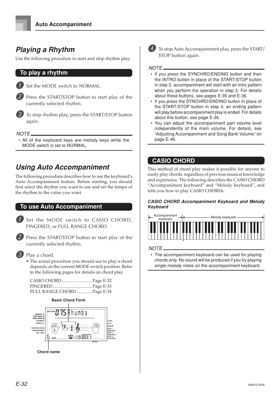 Playing a rhythm, Using auto accompaniment | Casio LK93TV User Manual | Page 34 / 79