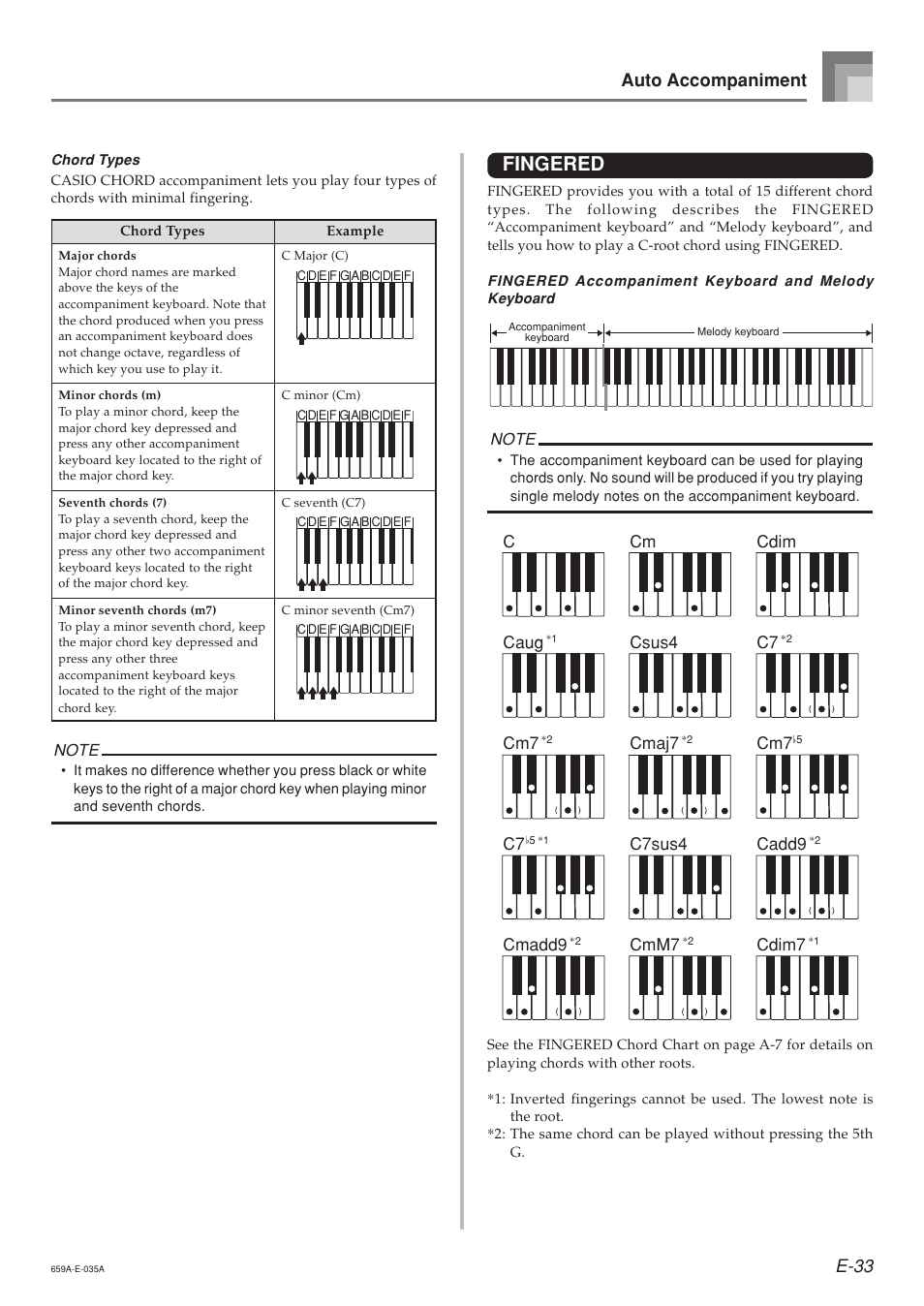 Fingered, E-33, Auto accompaniment | Casio LK93TV User Manual | Page 35 / 79