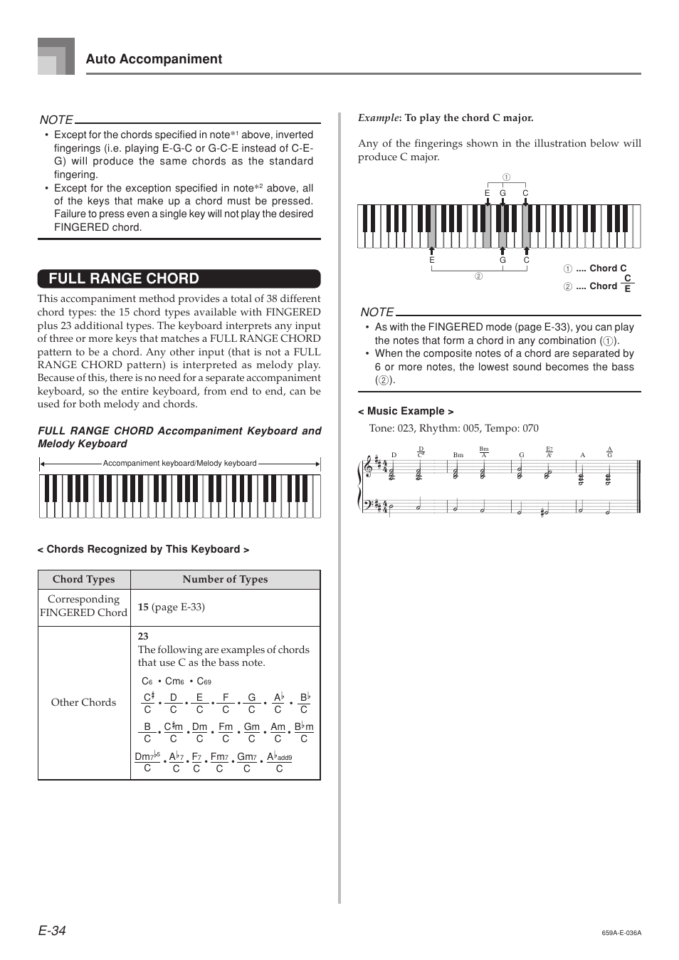 Full range chord, E-34, Auto accompaniment | Casio LK93TV User Manual | Page 36 / 79