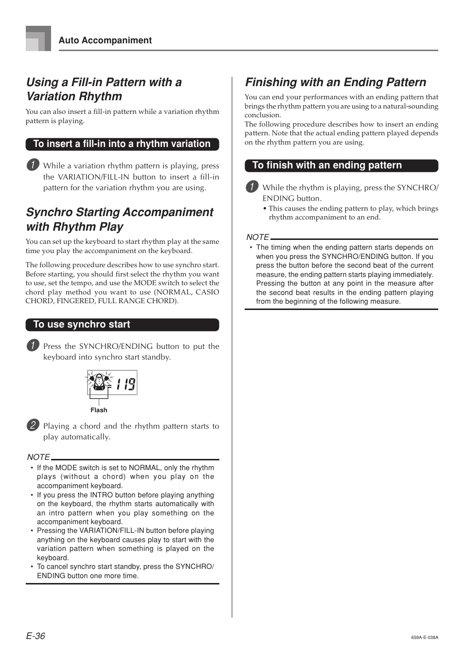 Using a fill-in pattern with a variation rhythm, Synchro starting accompaniment with rhythm play, Finishing with an ending pattern | Casio LK93TV User Manual | Page 38 / 79