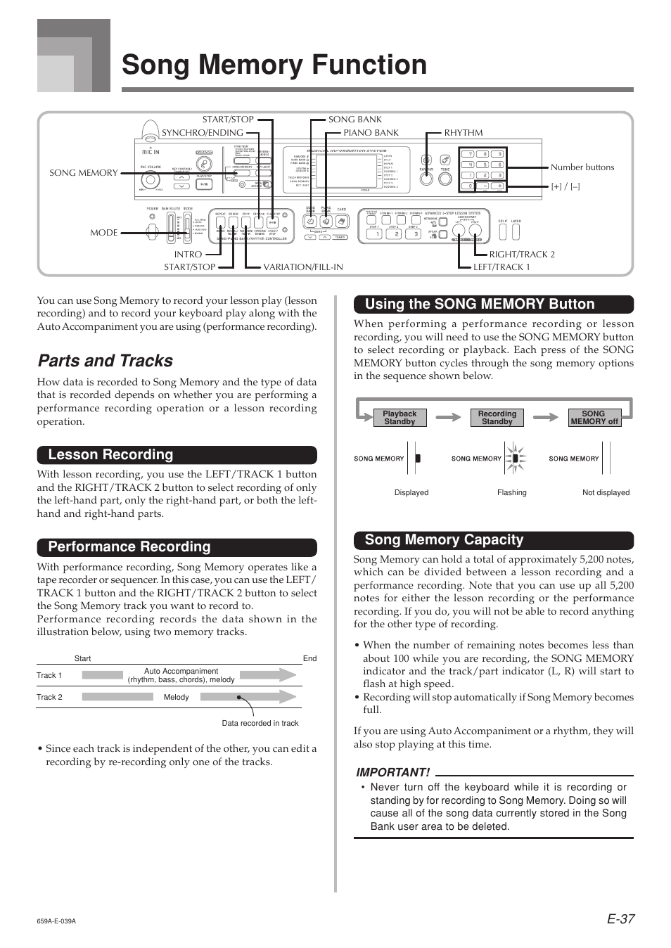 Parts and tracks, Lesson recording, Performance recording | E-37 | Casio LK93TV User Manual | Page 39 / 79