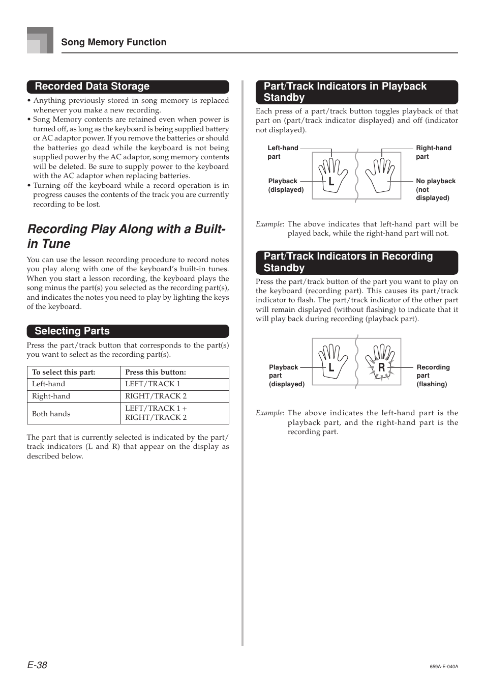 Recording play along with a built- in tune, Recorded data storage, Selecting parts | Part/track indicators in playback standby, Part/track indicators in recording standby | Casio LK93TV User Manual | Page 40 / 79