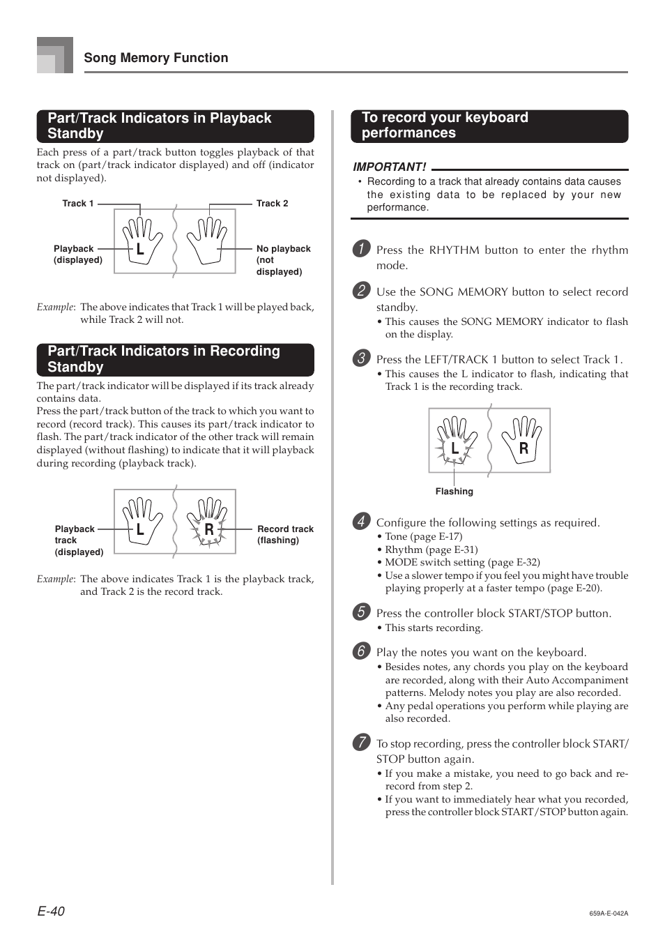 Part/track indicators in playback standby, Part/track indicators in recording standby | Casio LK93TV User Manual | Page 42 / 79