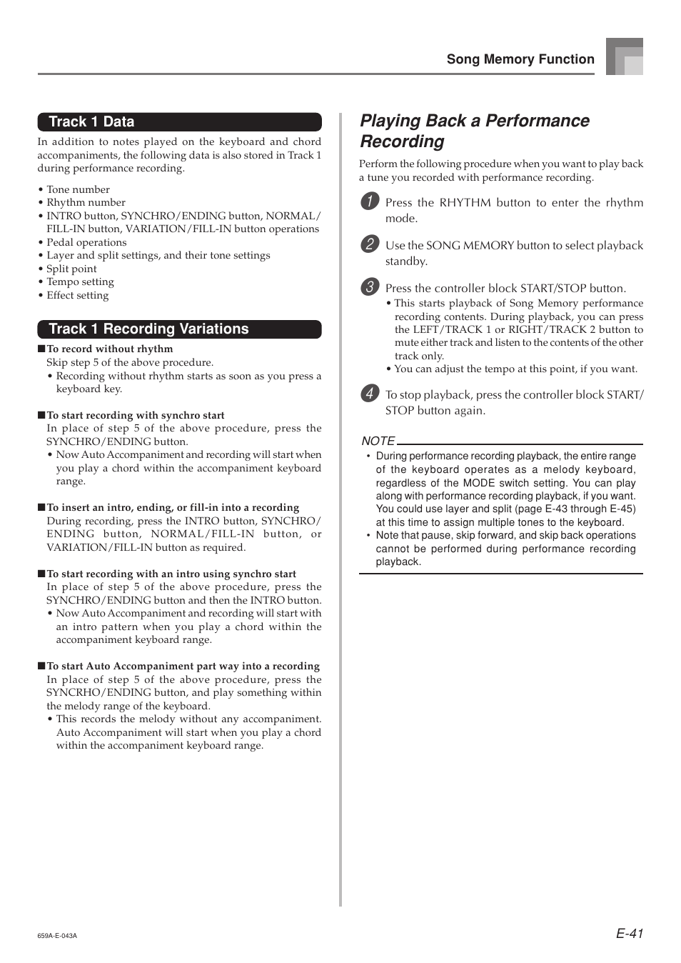 Playing back a performance recording, Track 1 data, Track 1 recording variations | Casio LK93TV User Manual | Page 43 / 79