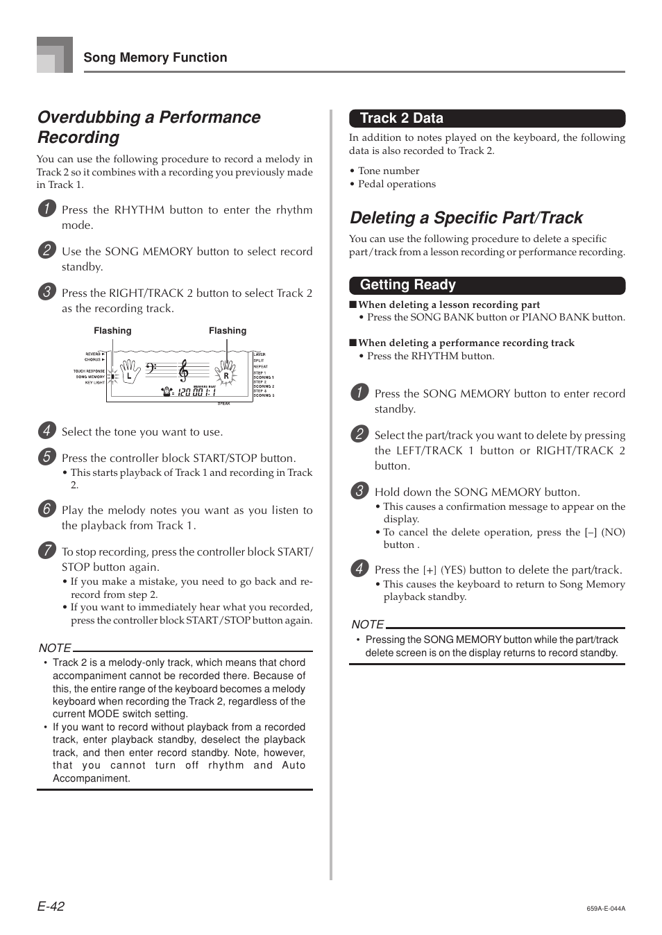 Overdubbing a performance recording, Deleting a specific part/track | Casio LK93TV User Manual | Page 44 / 79