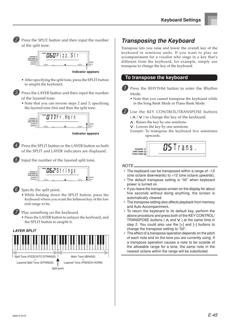 F r . h o n r, Transposing the keyboard | Casio LK93TV User Manual | Page 47 / 79