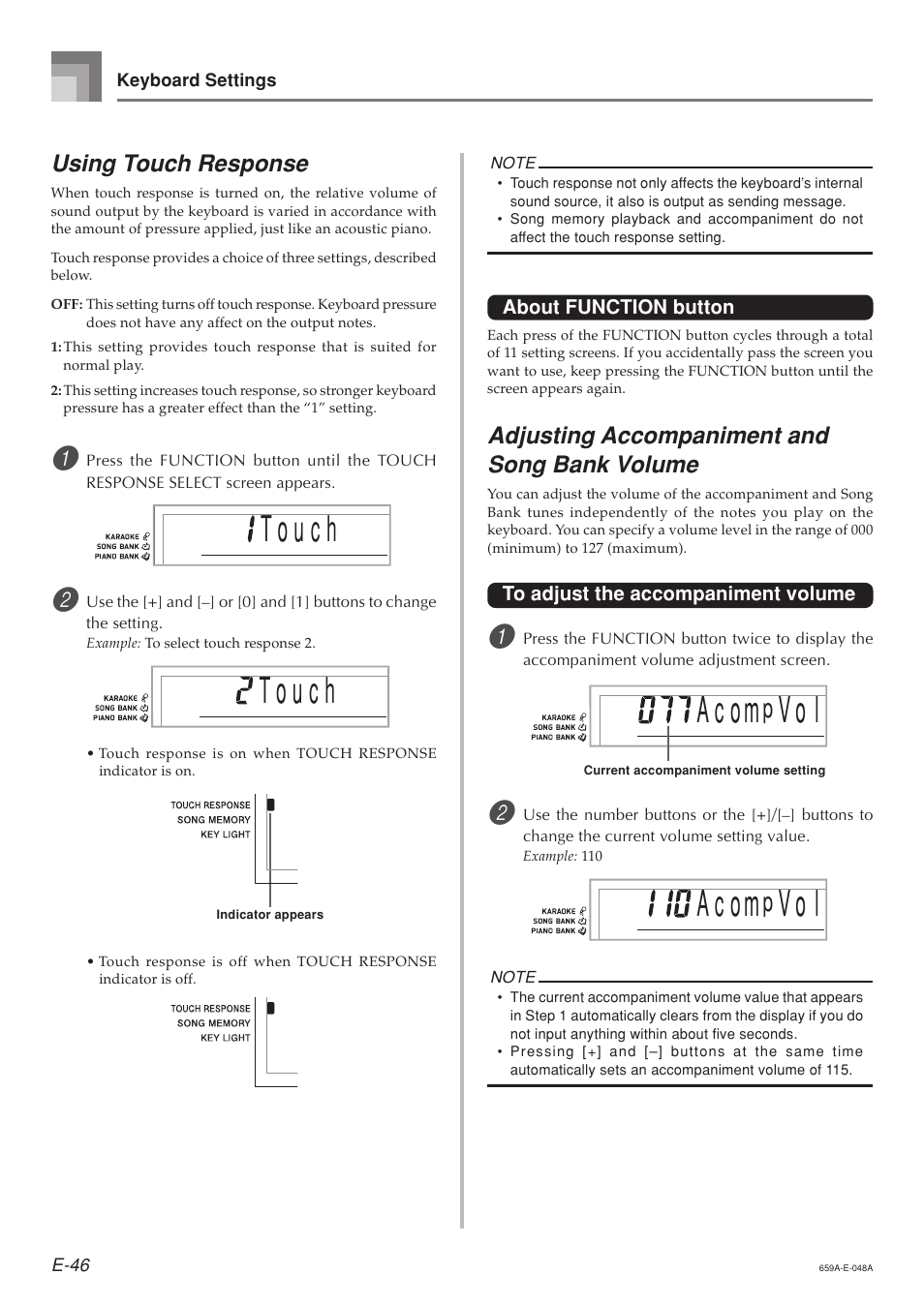Using touch response, Adjusting accompaniment and song bank volume | Casio LK93TV User Manual | Page 48 / 79