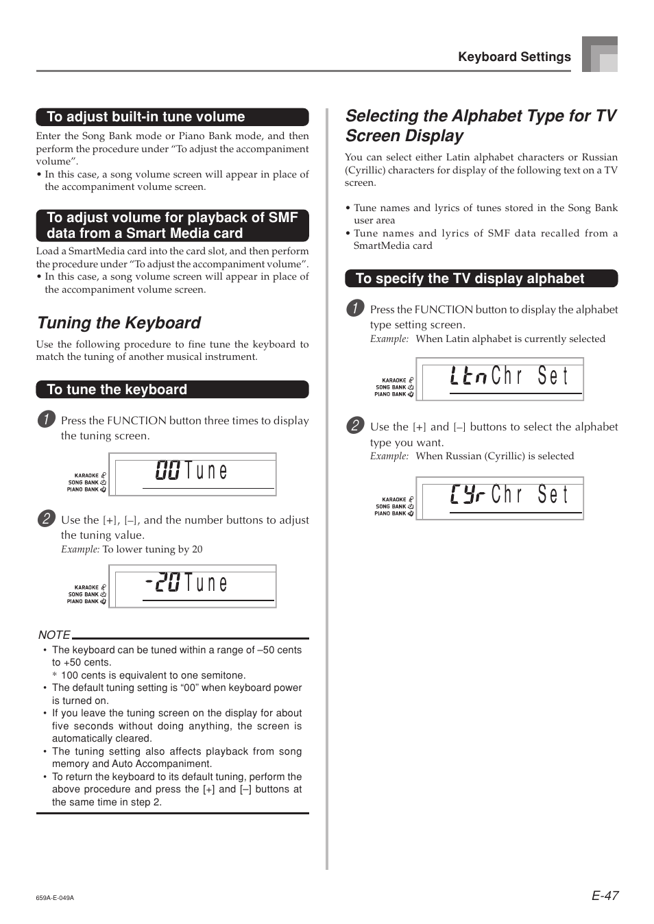 T u n e, Tuning the keyboard, Selecting the alphabet type for tv screen display | Casio LK93TV User Manual | Page 49 / 79