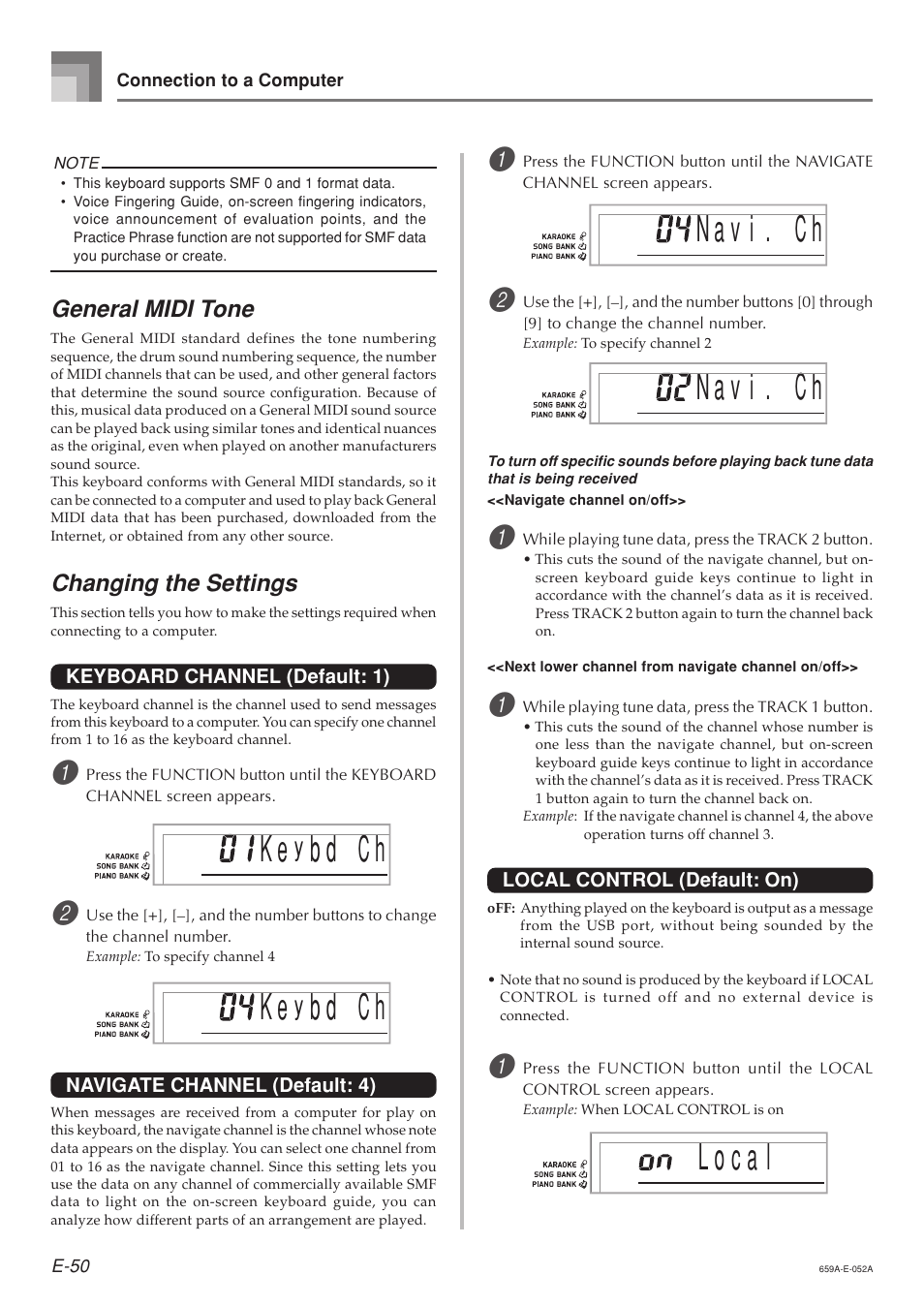 General midi tone, Changing the settings | Casio LK93TV User Manual | Page 52 / 79