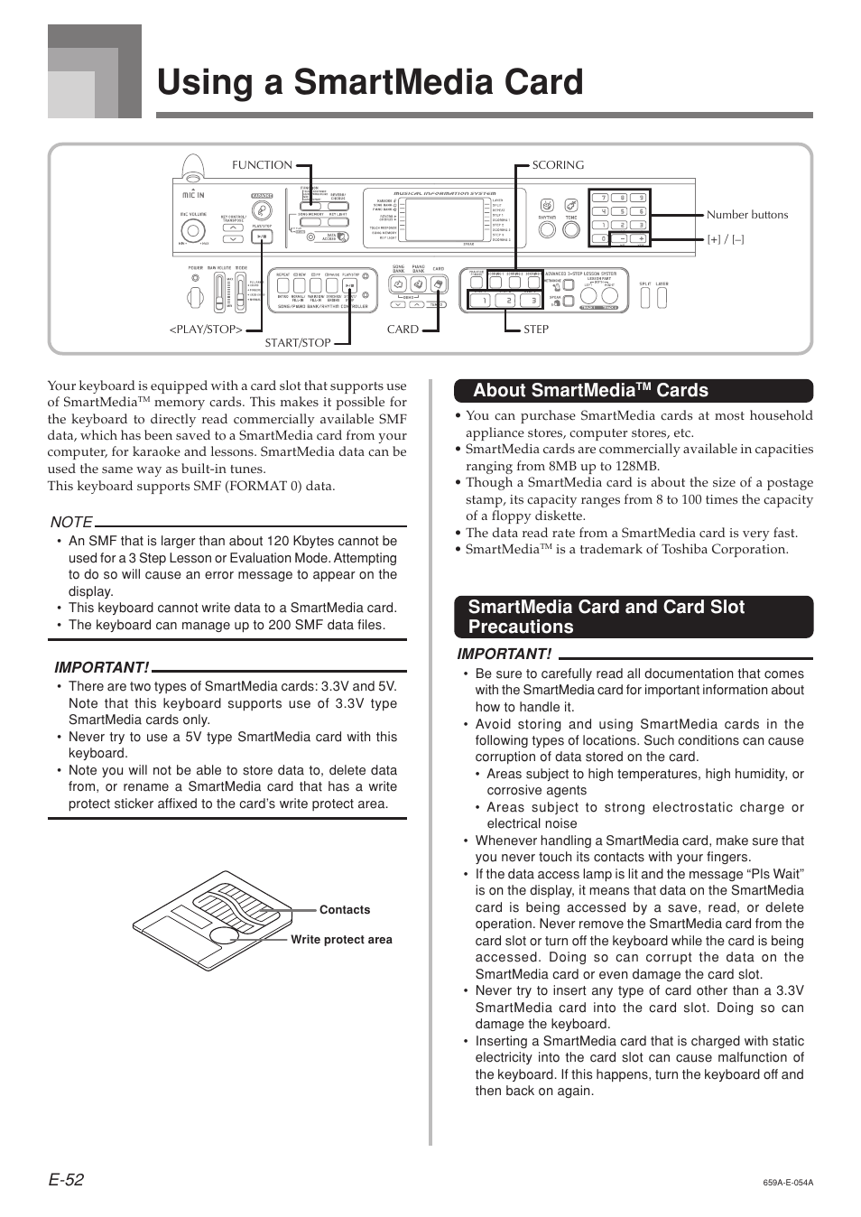 Using a smartmedia card, About smartmedia, Cards | Smartmedia card and card slot precautions, E-52 | Casio LK93TV User Manual | Page 54 / 79