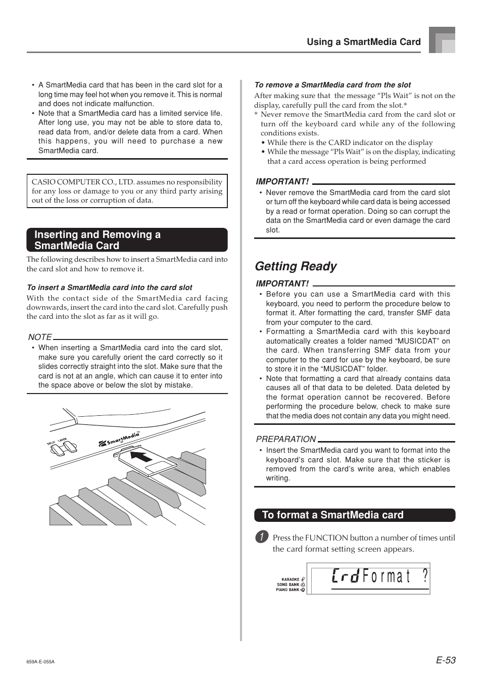 F o r ma t, Getting ready, Inserting and removing a smartmedia card | Casio LK93TV User Manual | Page 55 / 79