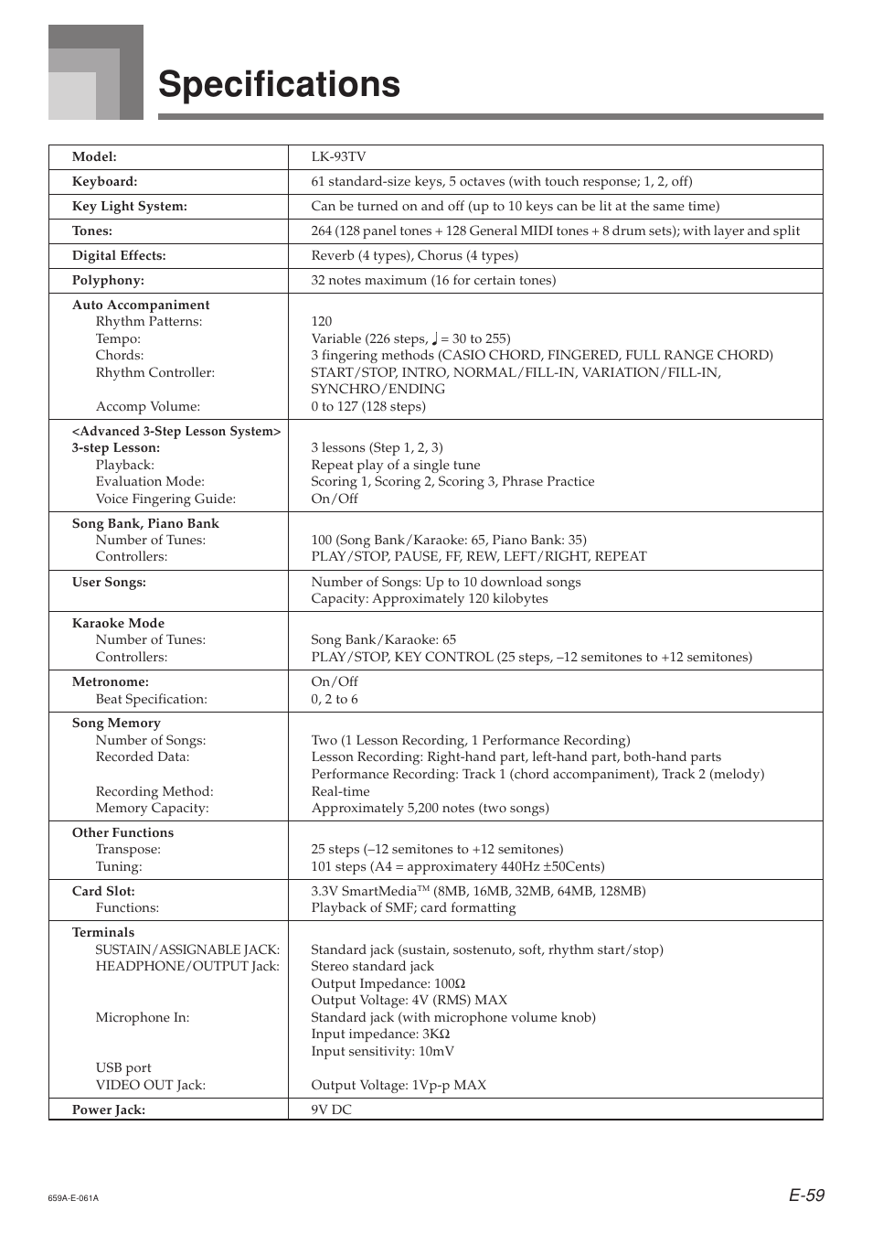 Specifications, E-59 | Casio LK93TV User Manual | Page 61 / 79