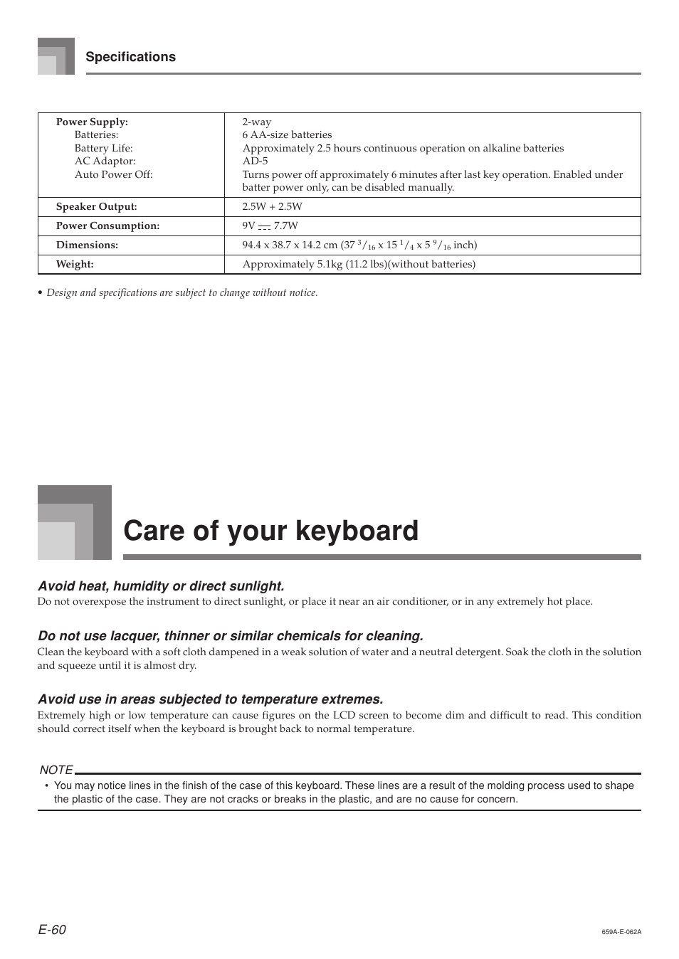 Care of your keyboard, E-60 specifications, Avoid heat, humidity or direct sunlight | Casio LK93TV User Manual | Page 62 / 79