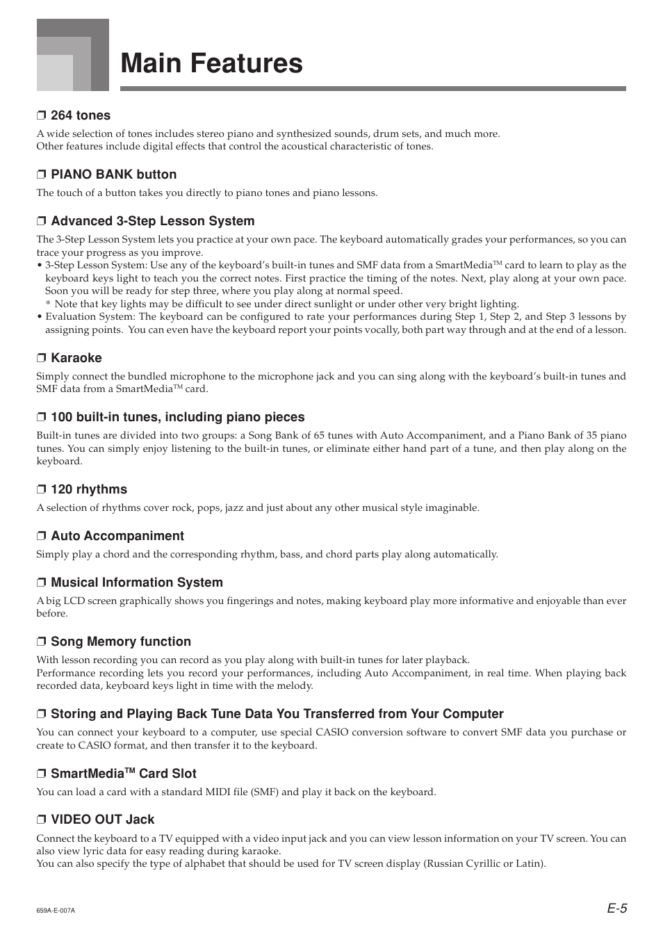 Main features | Casio LK93TV User Manual | Page 7 / 79