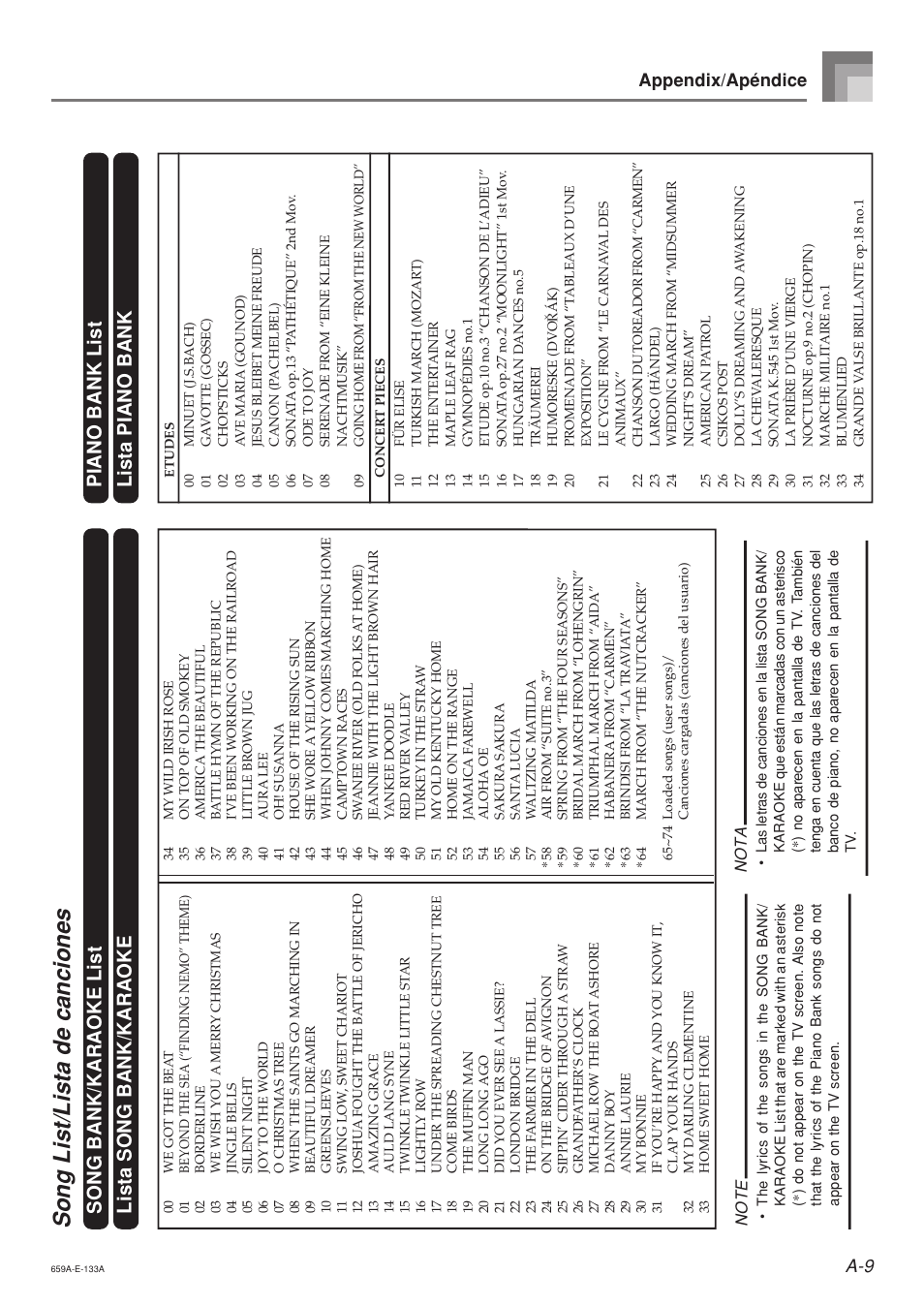 Song list/lista de canciones, Song bank/karaoke list lista song bank/karaoke, Piano bank list lista piano bank | A-9 appendix/apéndice, Nota | Casio LK93TV User Manual | Page 72 / 79