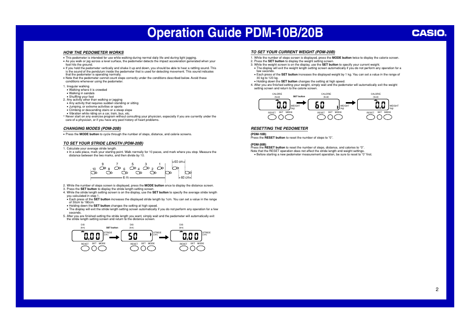 How the pedometer works, Changing modes (pdm-20b), To set your stride length (pdm-20b) | To set your current weight (pdm-20b), Resetting the pedometer, Operation guide pdm-10b/20b | Casio PDM-20B User Manual | Page 2 / 3