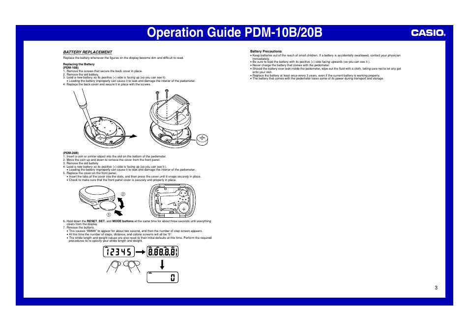 Battery replacement, Operation guide pdm-10b/20b | Casio PDM-20B User Manual | Page 3 / 3