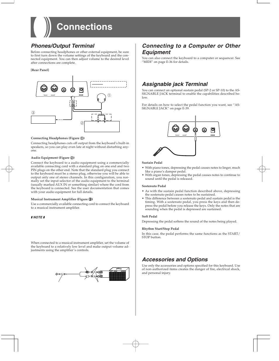 Connections, Phones/output terminal, Connecting to a computer or other equipment | Assignable jack terminal, Accessories and options, E-11 | Casio CTK573 User Manual | Page 13 / 54