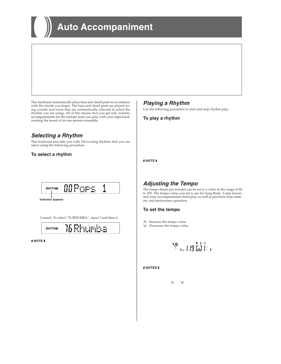 Auto accompaniment, Selecting a rhythm, Playing a rhythm | Adjusting the tempo | Casio CTK573 User Manual | Page 18 / 54