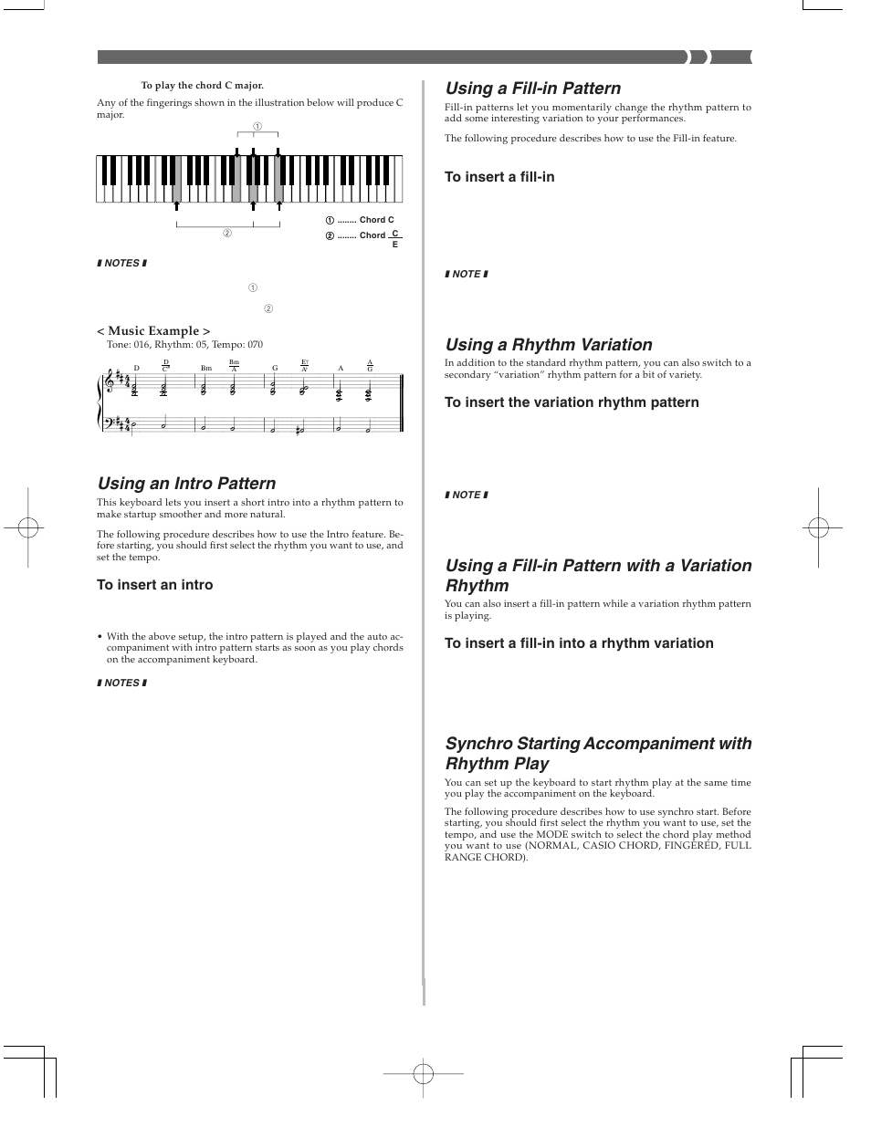 Using an intro pattern, Using a fill-in pattern, Using a rhythm variation | Using a fill-in pattern with a variation rhythm, Synchro starting accompaniment with rhythm play | Casio CTK573 User Manual | Page 21 / 54