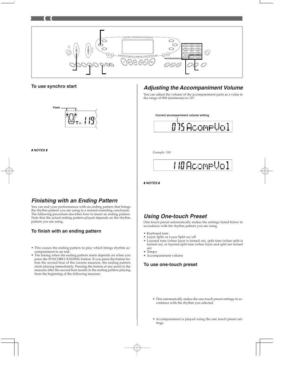 Finishing with an ending pattern, Adjusting the accompaniment volume, Using one-touch preset | Casio CTK573 User Manual | Page 22 / 54