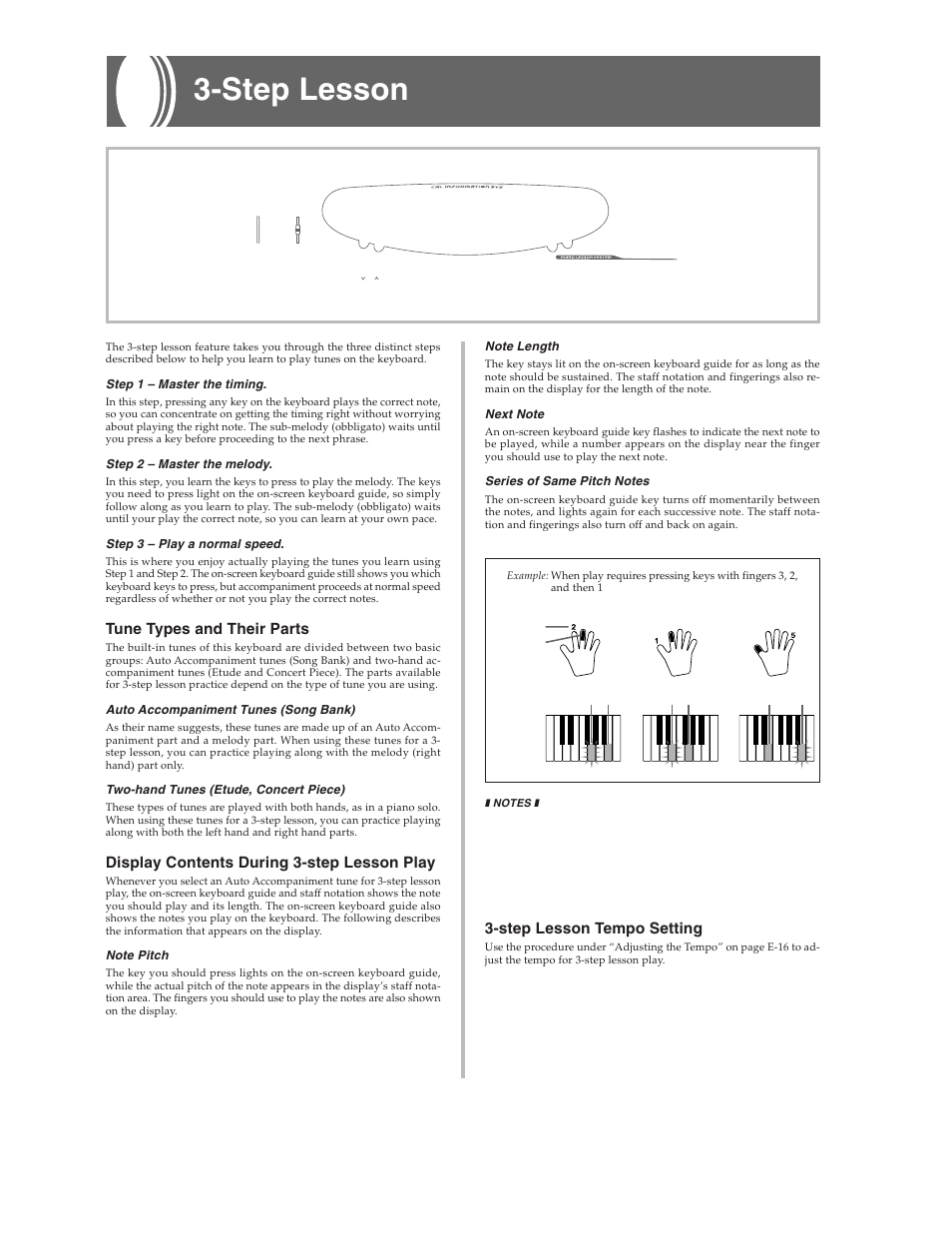 Step lesson, E-24, Tune types and their parts | Display contents during 3-step lesson play, Step lesson tempo setting | Casio CTK573 User Manual | Page 26 / 54