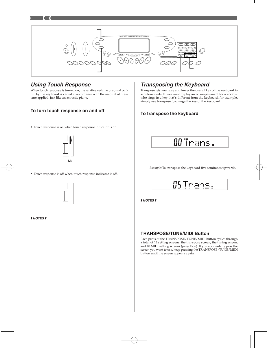 Transposing the keyboard, Using touch response | Casio CTK573 User Manual | Page 36 / 54