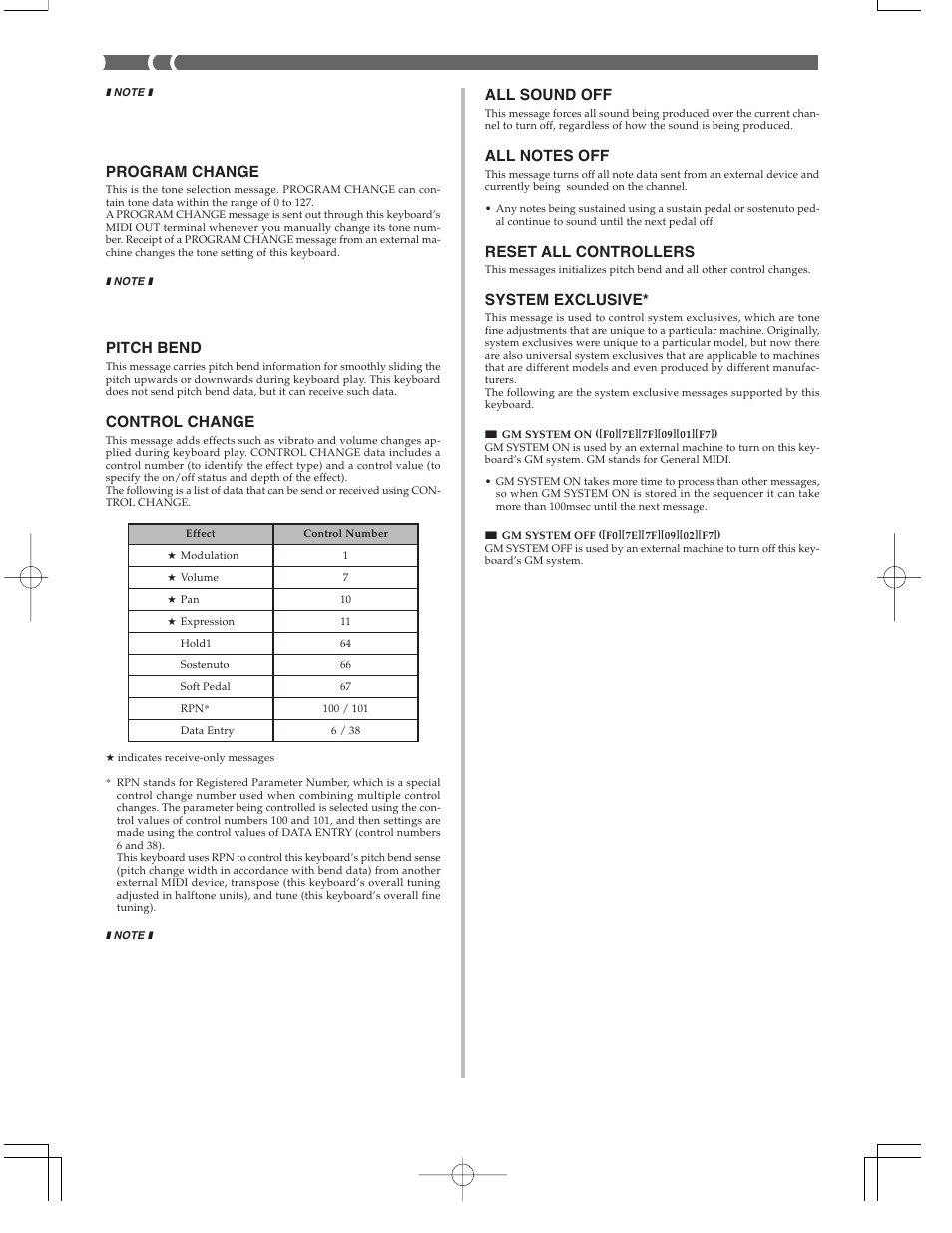 E-40, Program change, Pitch bend | Control change, All sound off, Reset all controllers, System exclusive | Casio CTK573 User Manual | Page 42 / 54