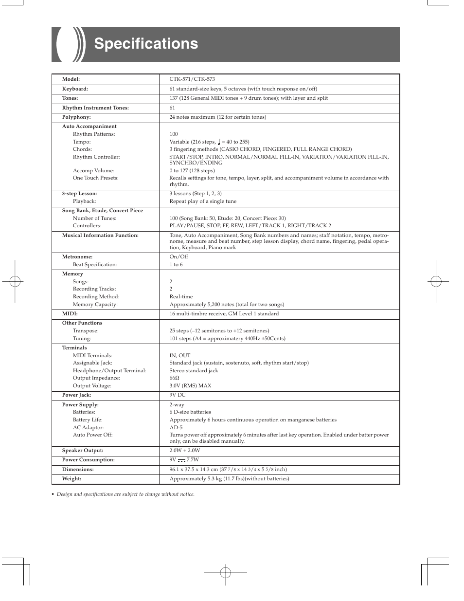 Specifications, E-42 | Casio CTK573 User Manual | Page 44 / 54