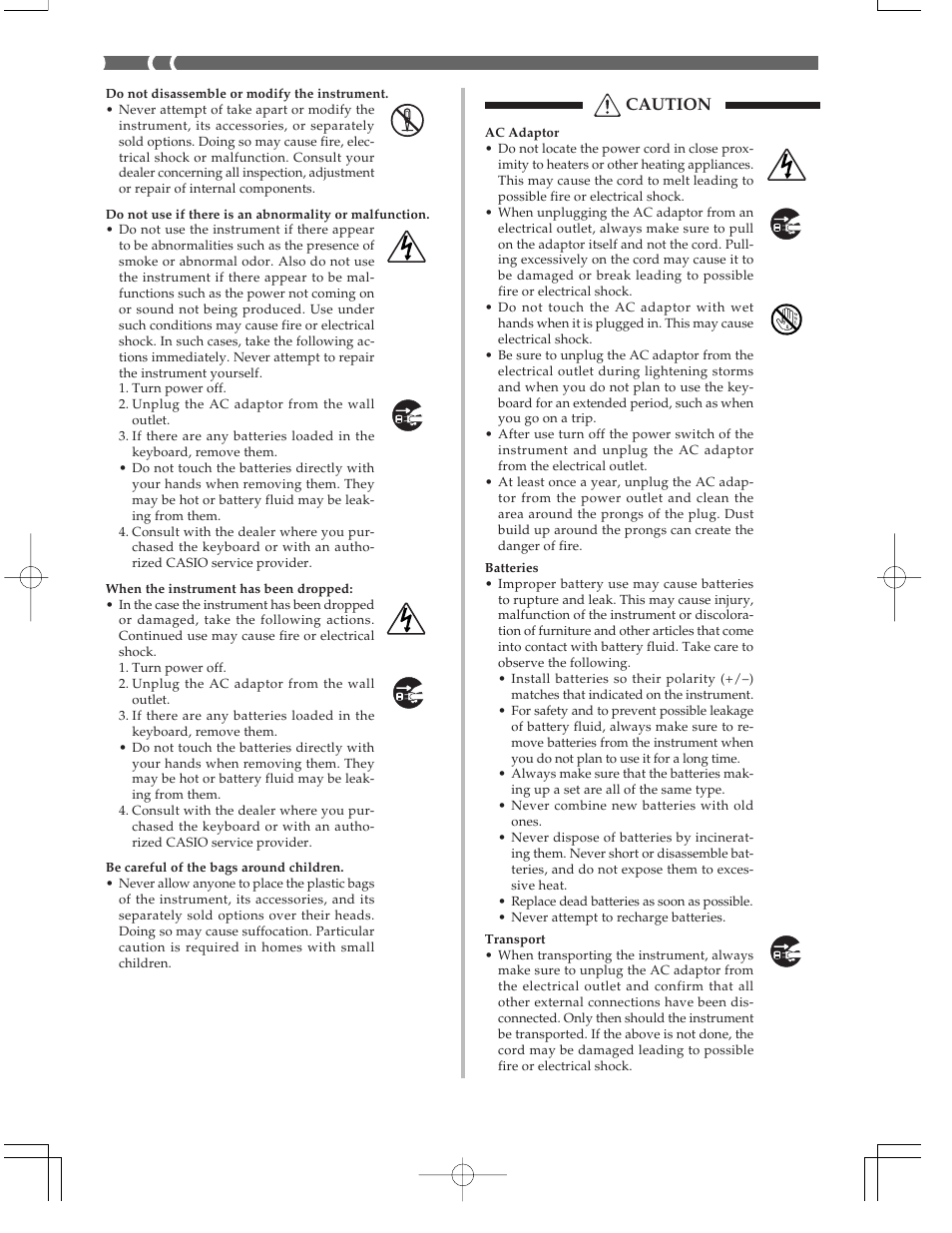 Caution | Casio CTK573 User Manual | Page 6 / 54