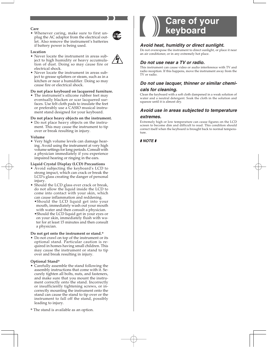 Care of your keyboard | Casio CTK573 User Manual | Page 7 / 54