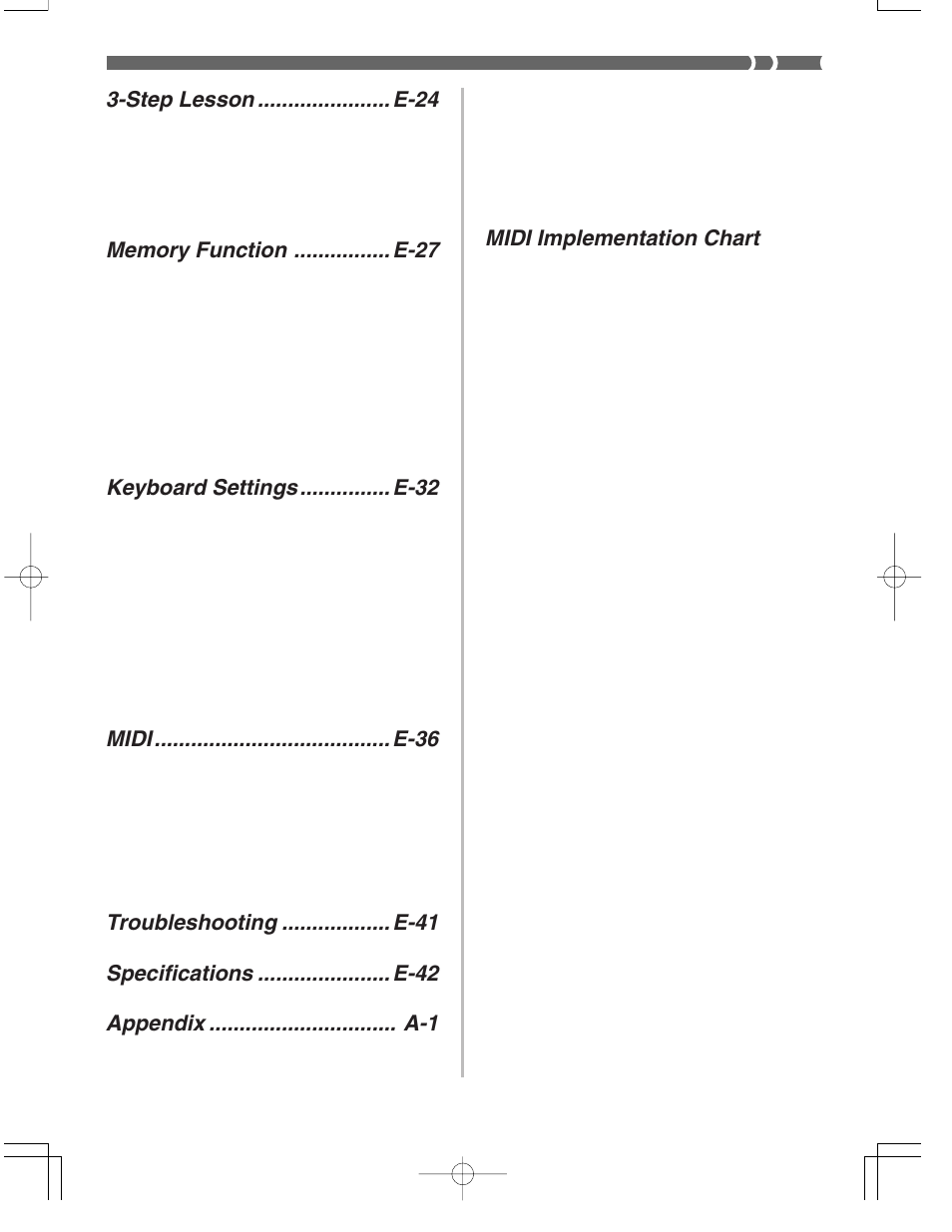 Step lesson ...................... e-24, Keyboard settings ............... e-32, Midi ....................................... e-36 | Midi implementation chart | Casio CTK573 User Manual | Page 9 / 54