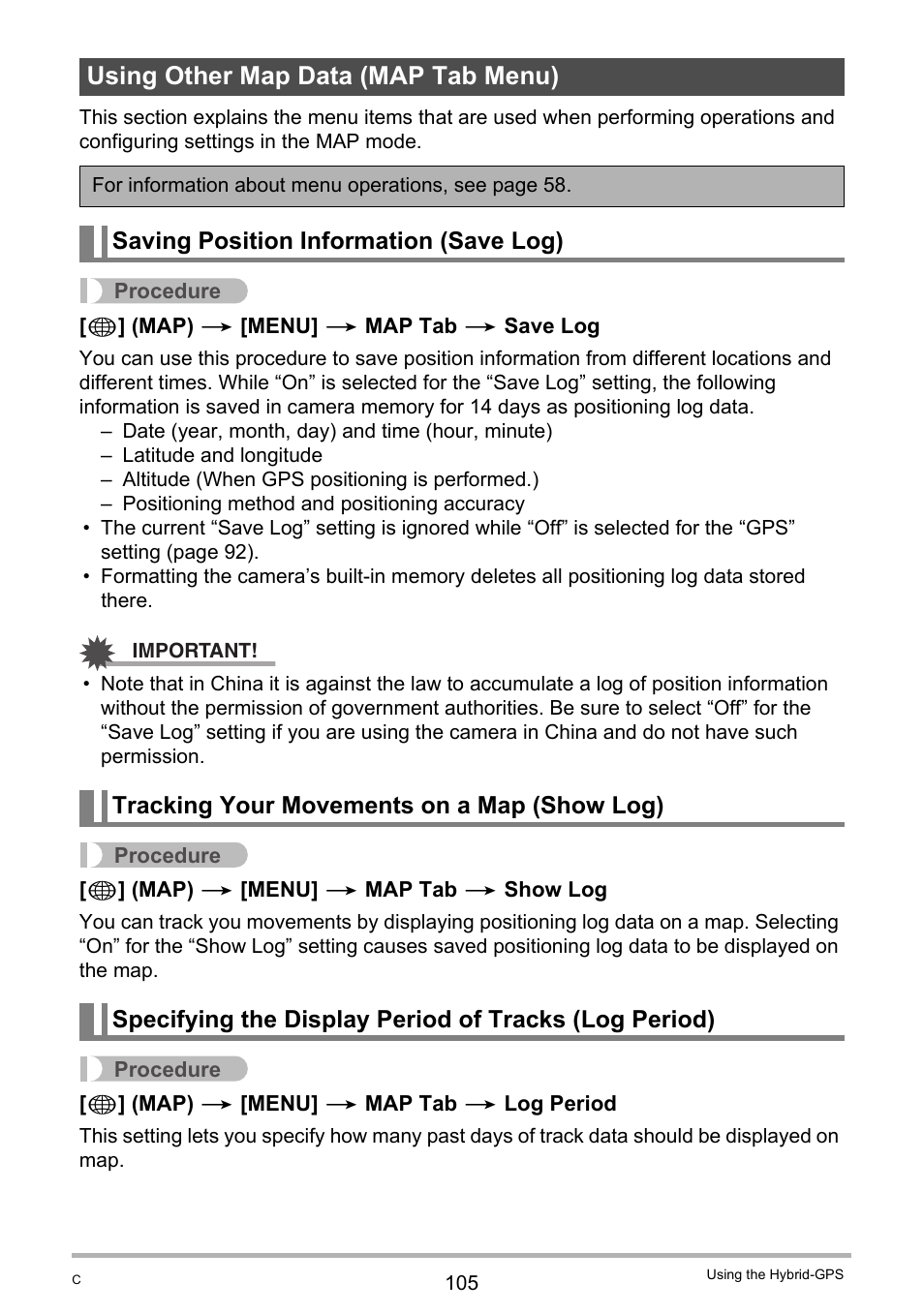 Using other map data (map tab menu), Saving position information (save log), Tracking your movements on a map (show log) | Casio EXILIM EX-H20G User Manual | Page 105 / 192