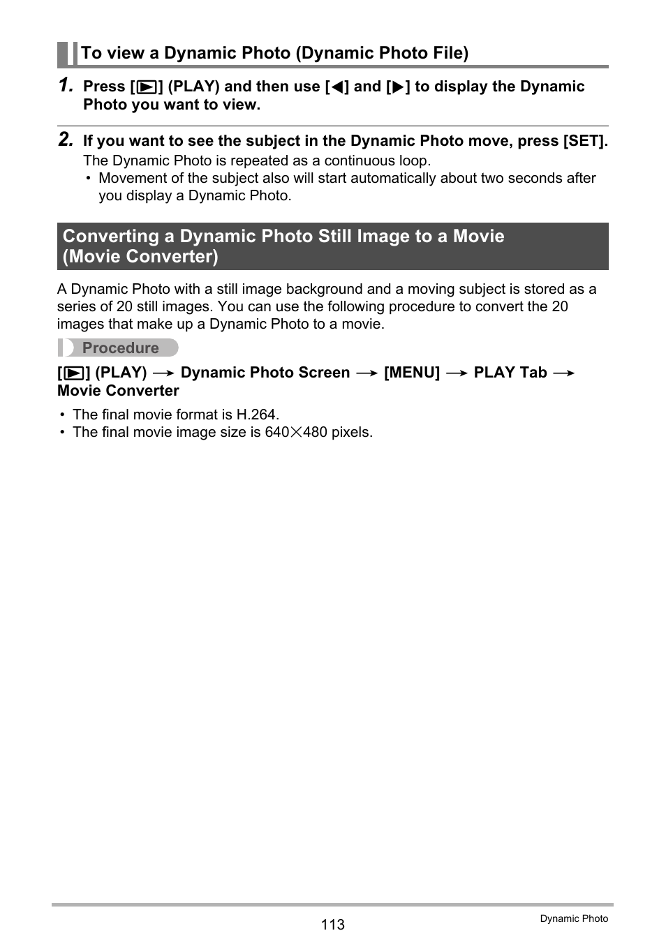 To view a dynamic photo (dynamic photo file) | Casio EXILIM EX-H20G User Manual | Page 113 / 192